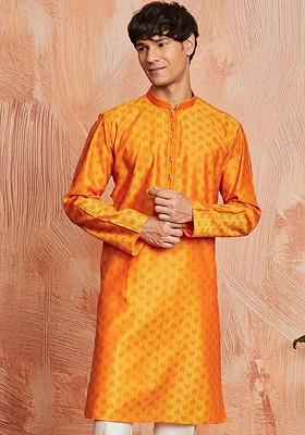 Orange Geometric Print Silk Kurta For Men