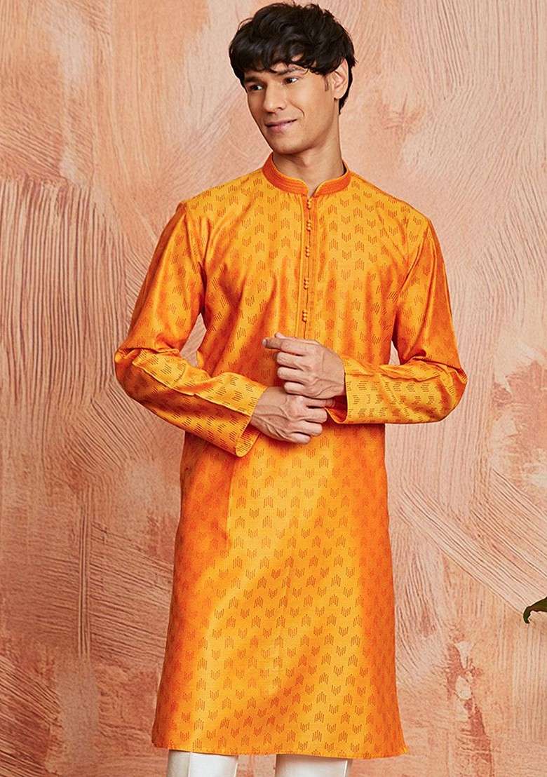 Orange Geometric Print Silk Blend Kurta For Men - Indya