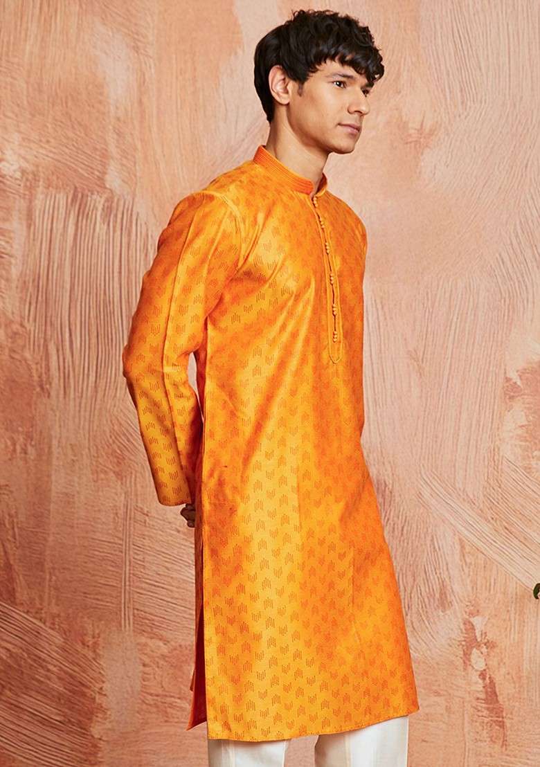 Orange Geometric Print Silk Blend Kurta For Men - Indya