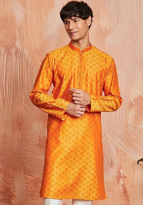 Orange Geometric Print Silk Kurta For Men
