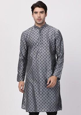 Grey Printed Poly Blend Kurta For Men