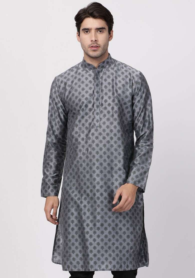 Grey Printed Poly Blend Kurta For Men - Indya