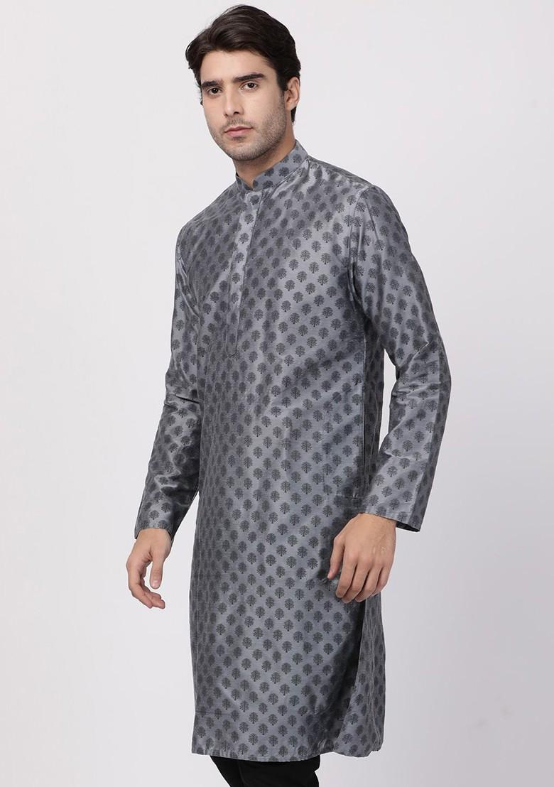 Grey Printed Poly Blend Kurta For Men