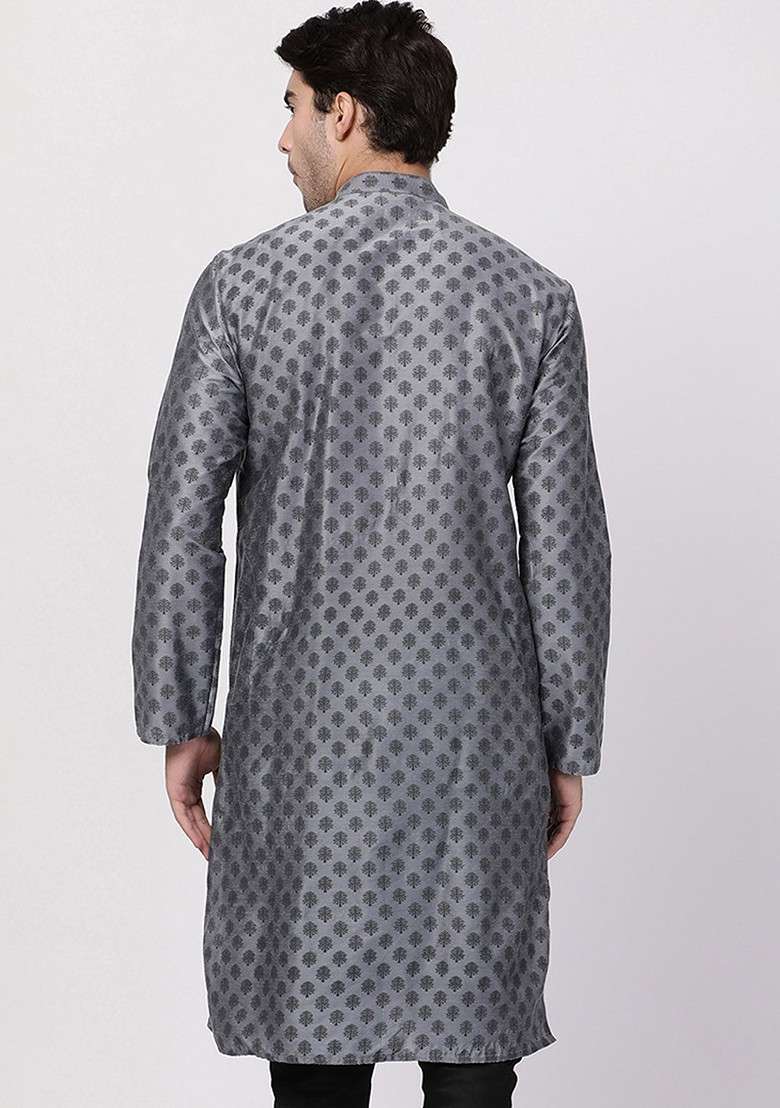 Grey Printed Poly Blend Kurta For Men - Indya