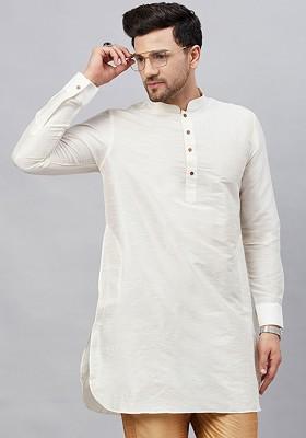Cream Solid Poly Blend Kurta For Men