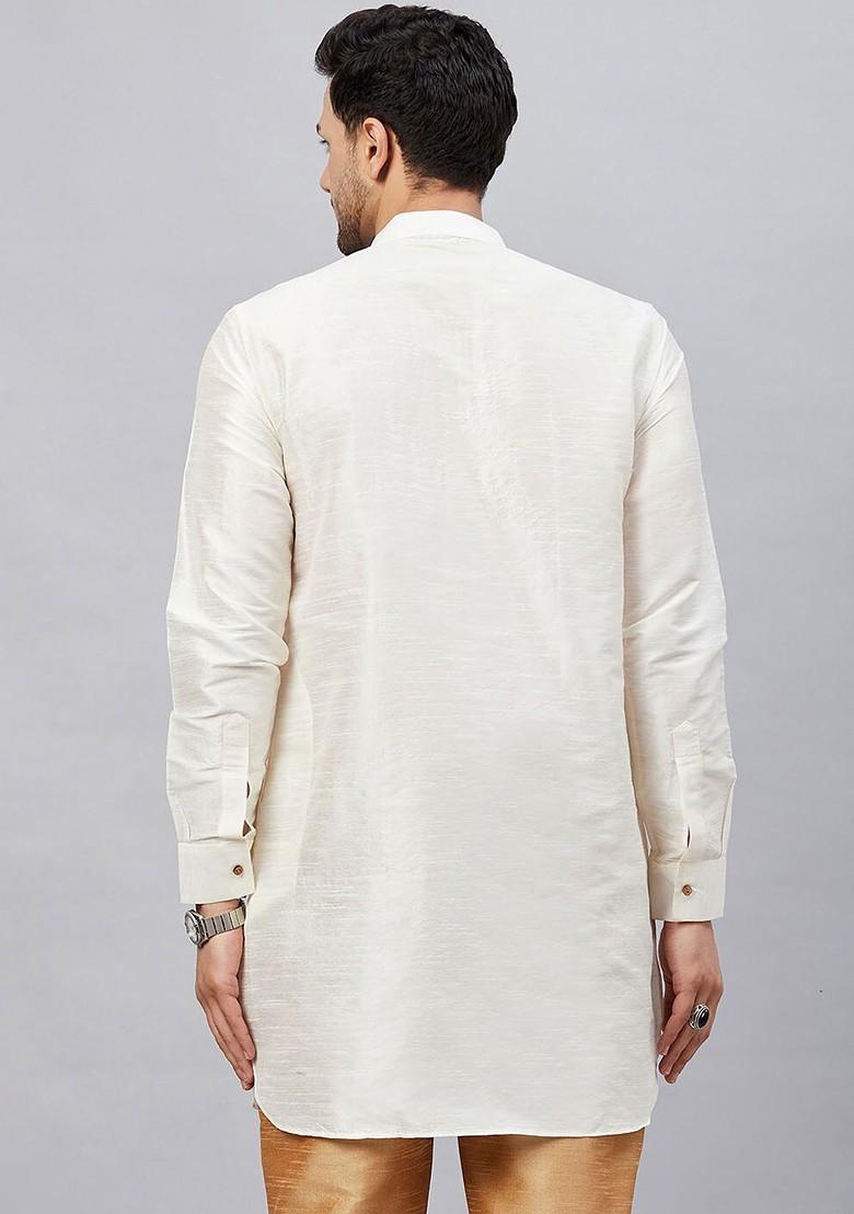 Cream Solid Poly Blend Kurta For Men