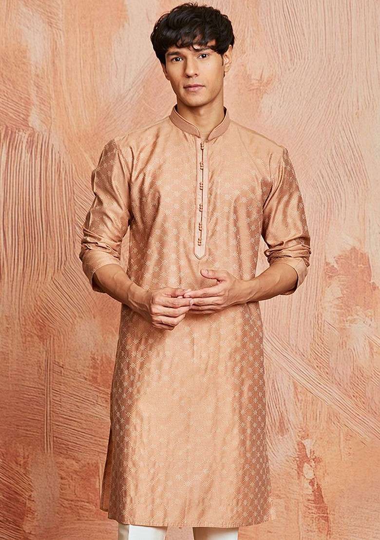 Peach Geometric Print Silk Blend Kurta For Men - Indya