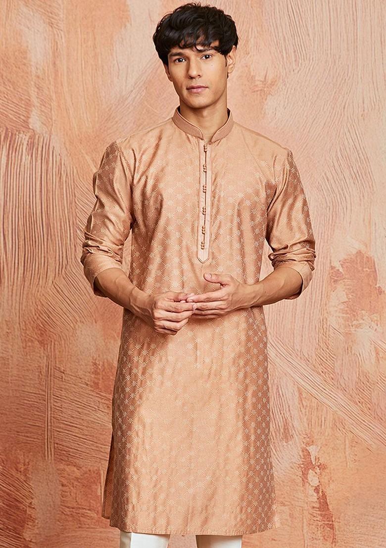 Peach Geometric Print Silk Kurta For Men