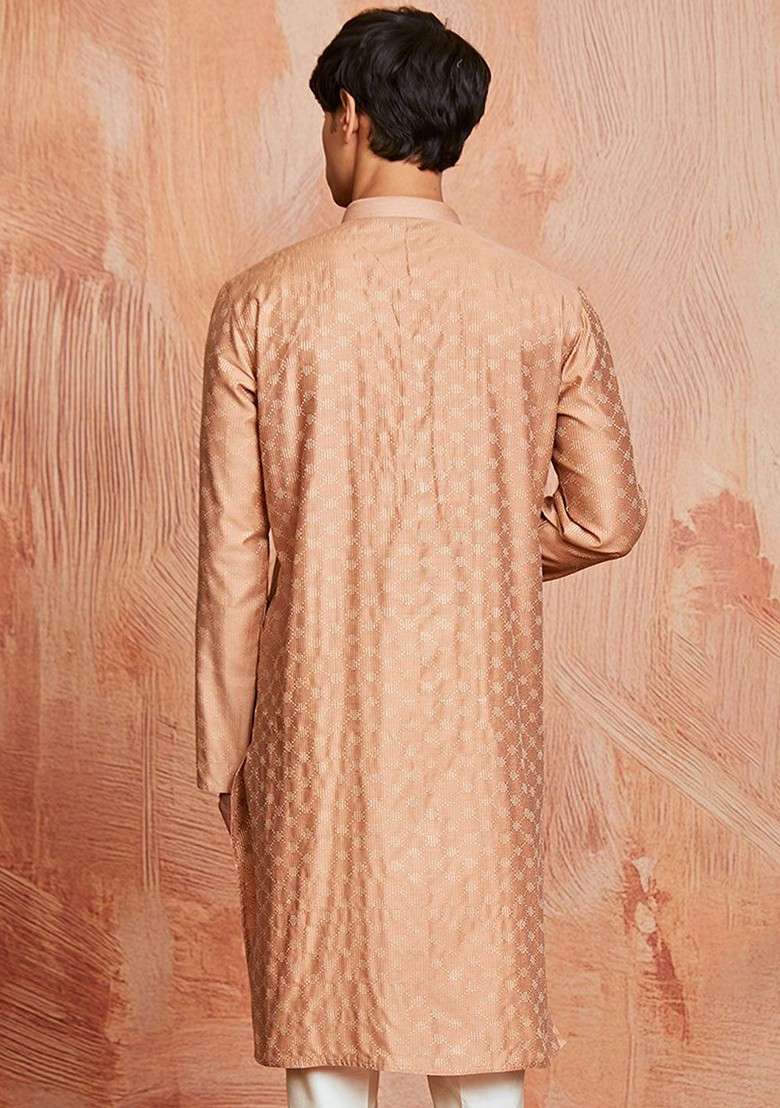 Peach Geometric Print Silk Blend Kurta For Men - Indya
