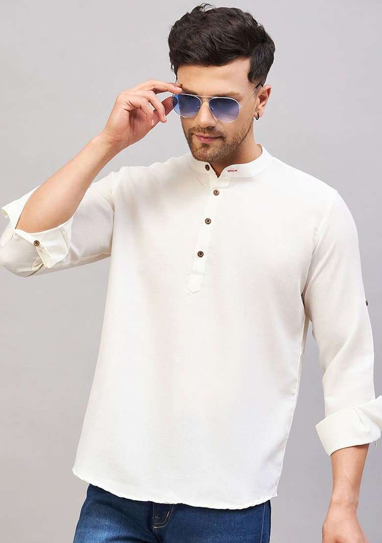Cream Solid Cotton Kurta For Men - Indya