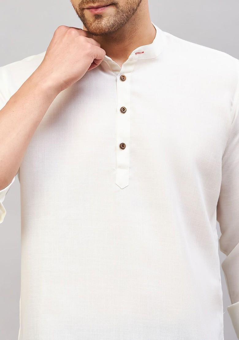 Cream Solid Cotton Kurta For Men
