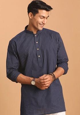 Navy Blue Striped Cotton Kurta For Men