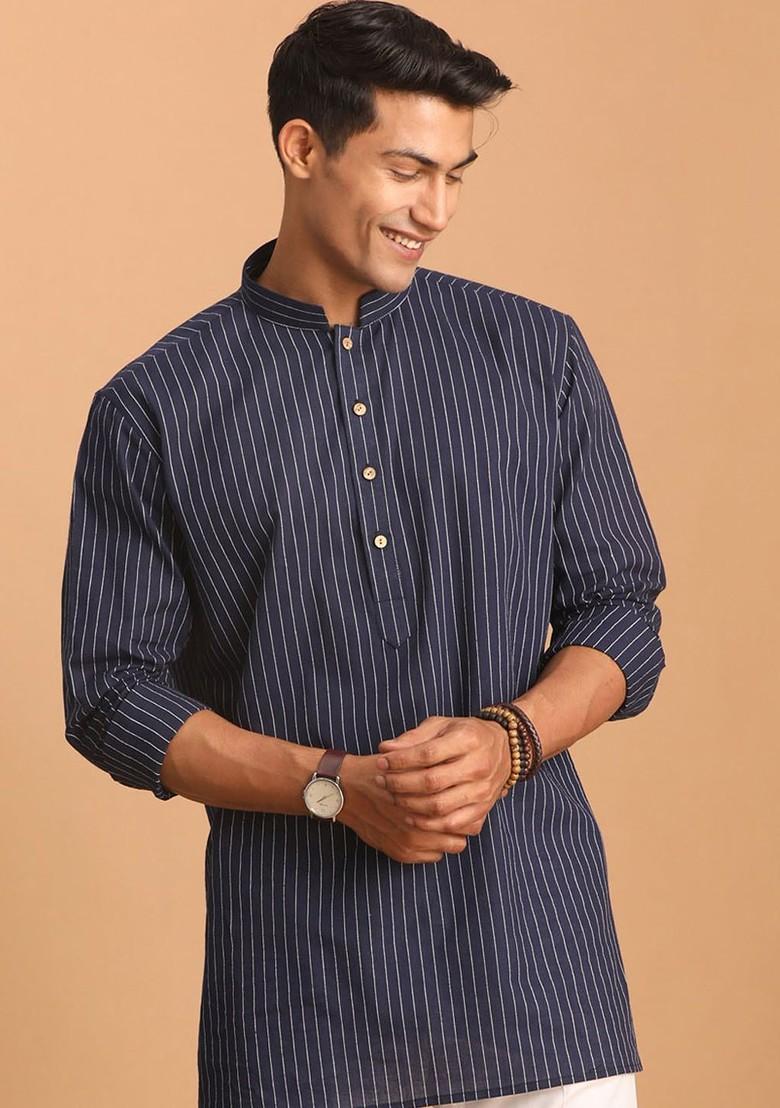 Navy Blue Striped Cotton Kurta For Men