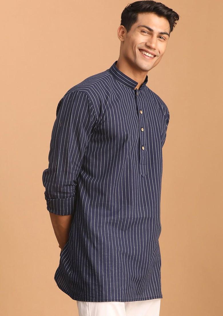 Navy Blue Striped Cotton Kurta For Men