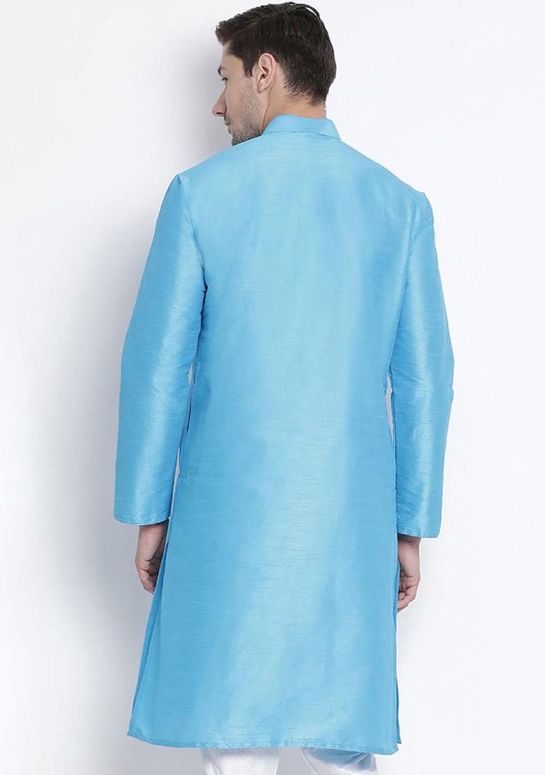 Blue Solid Poly Blend Kurta For Men