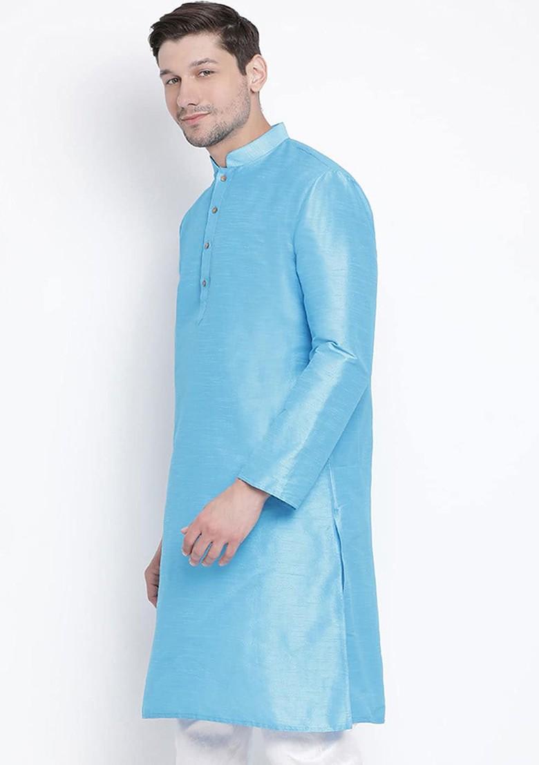 Blue Solid Poly Blend Kurta For Men