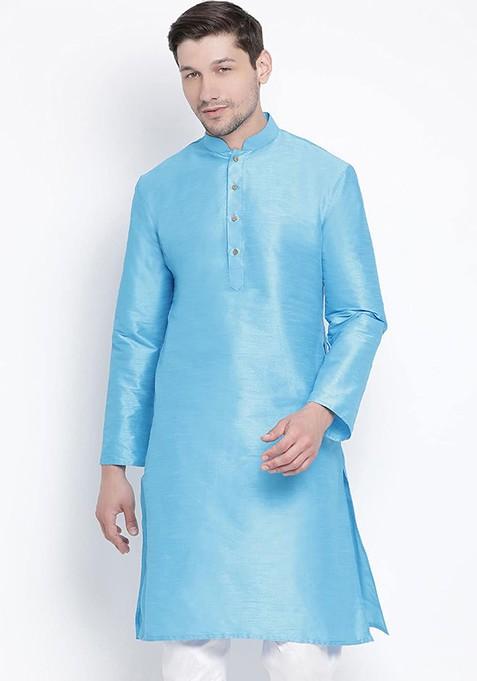 Blue Solid Poly Blend Kurta For Men — view on Indya