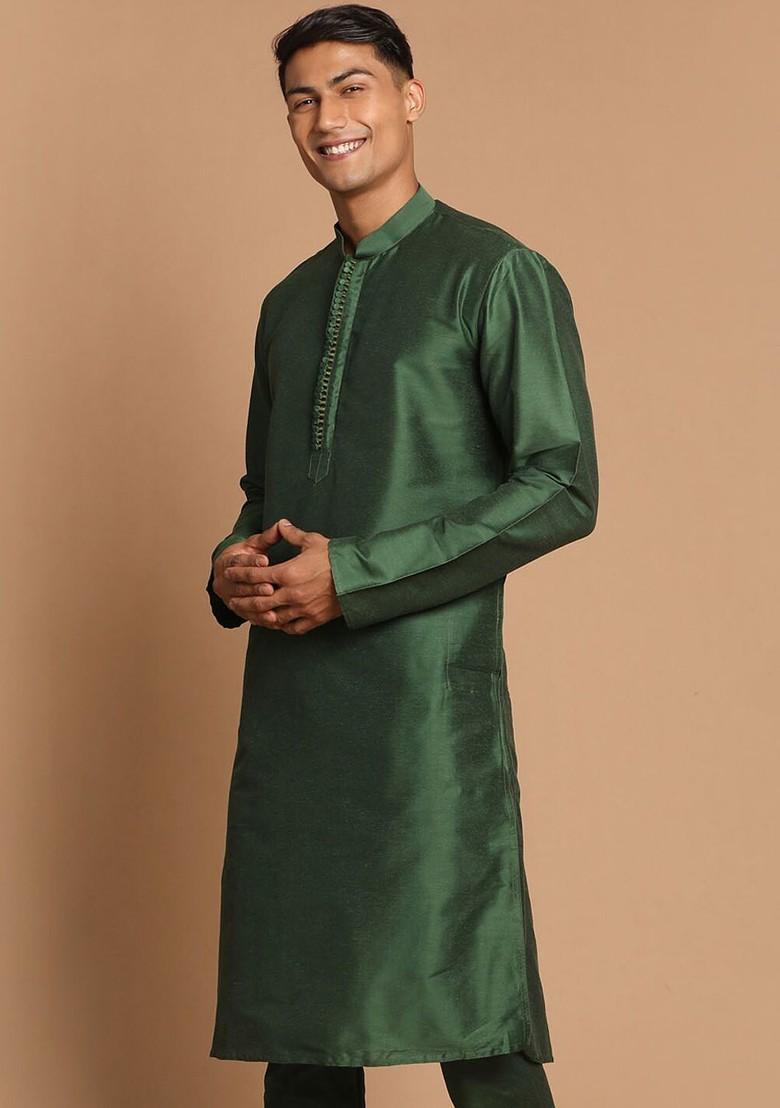 Green Solid Poly Blend Kurta For Men