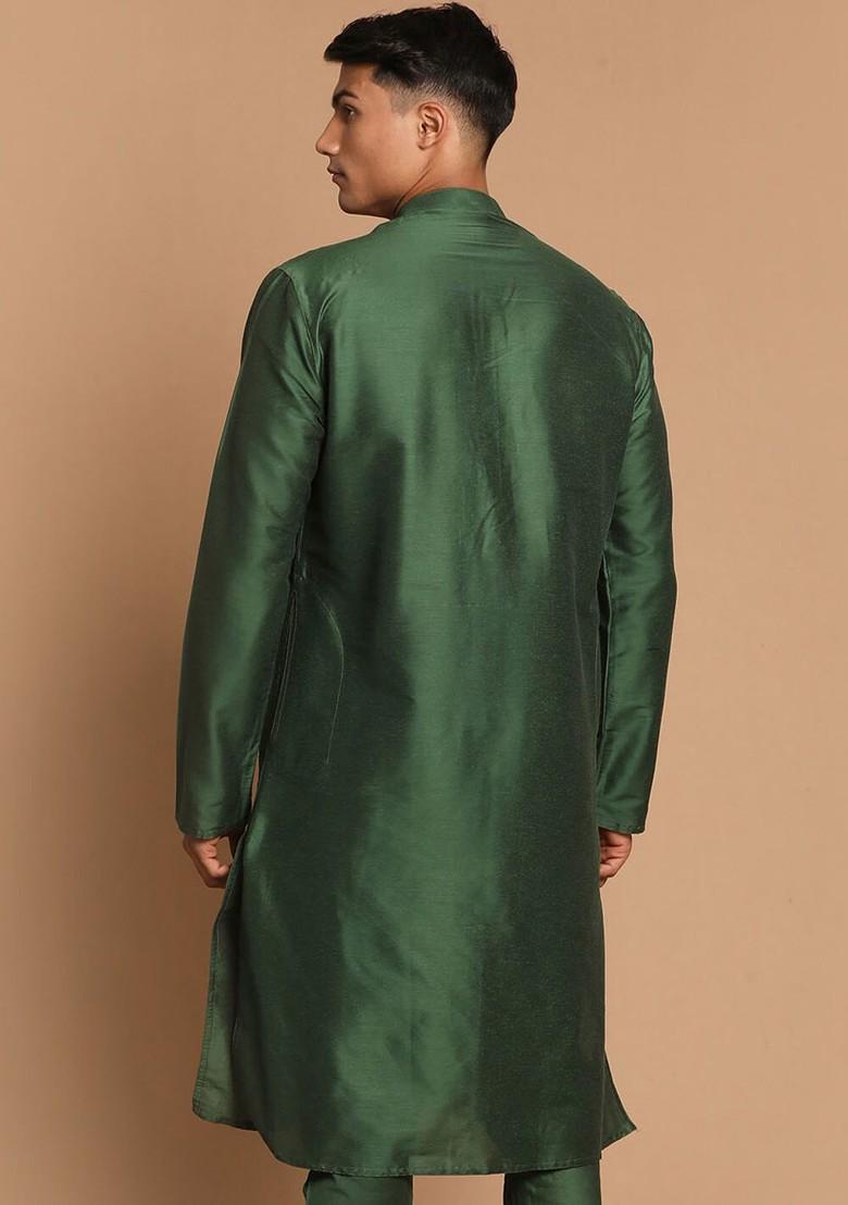 Green Solid Poly Blend Kurta For Men