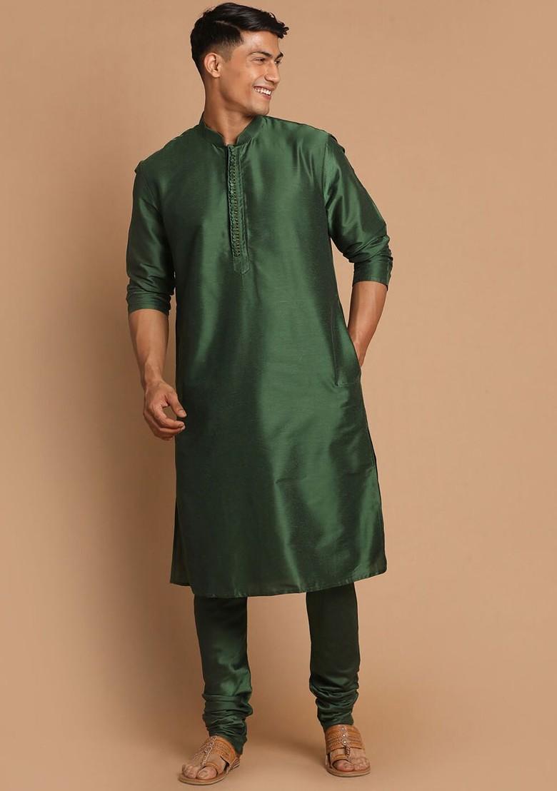 Green Solid Poly Blend Kurta For Men