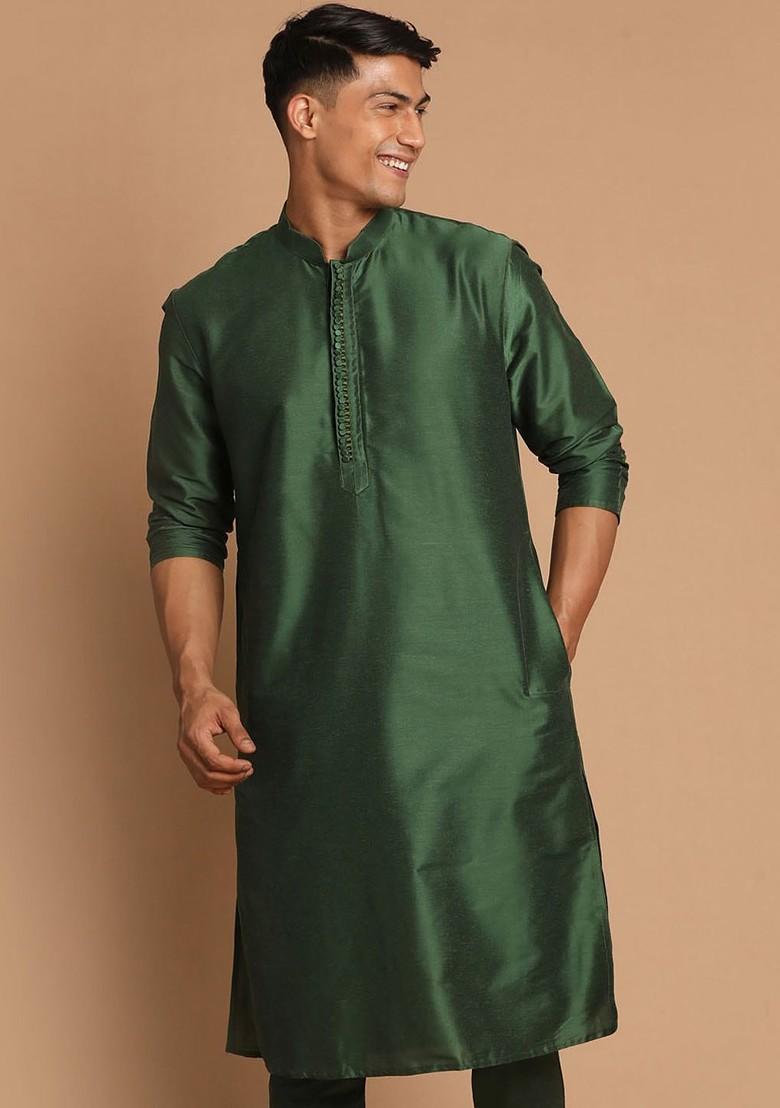 Green Solid Poly Blend Kurta For Men