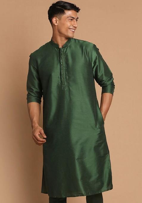 Green Solid Poly Blend Kurta For Men