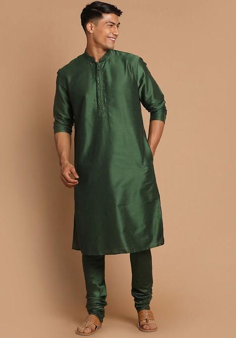 Green Solid Poly Blend Kurta For Men