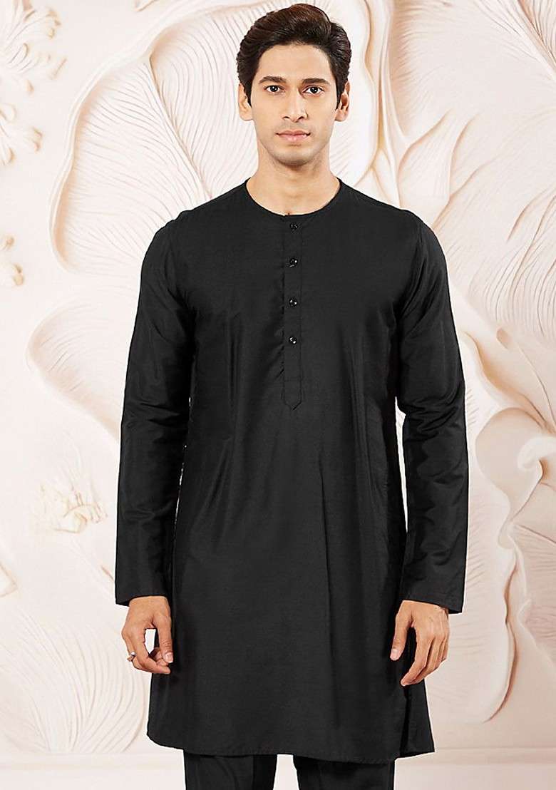 Black Solid Poly Blend Kurta For Men - Indya