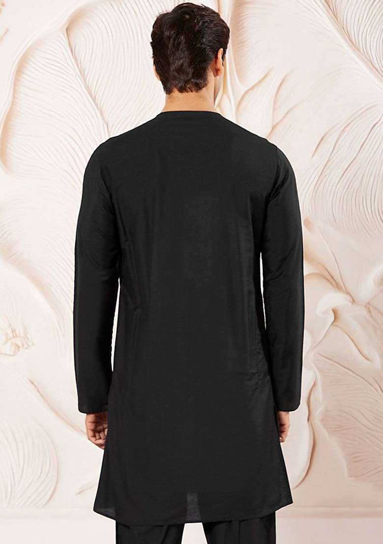 Black Solid Poly Blend Kurta For Men - Indya