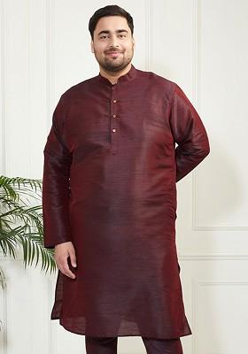 Burgundy Thread Work Poly Blend Kurta For Men