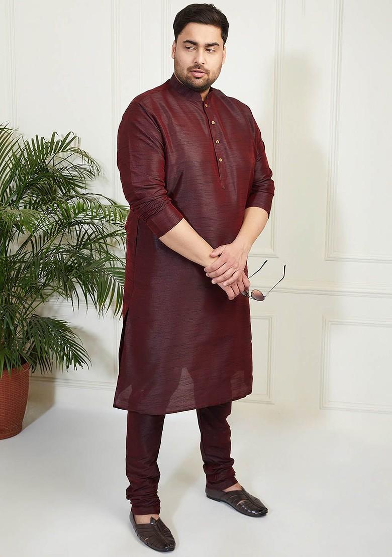 Burgundy Thread Work Poly Blend Kurta For Men