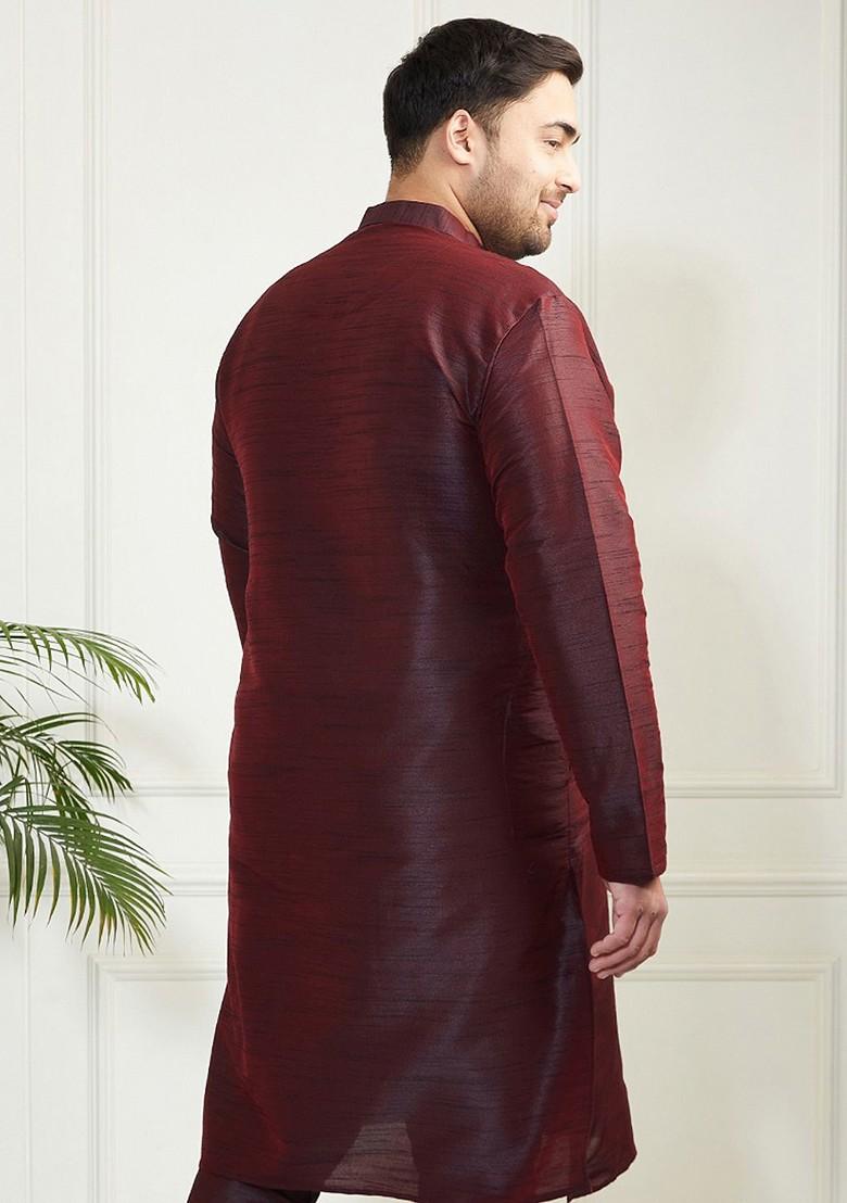 Burgundy Thread Work Poly Blend Kurta For Men