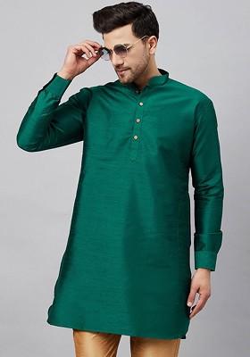 Green Solid Poly Blend Kurta For Men