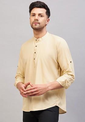 Cream Solid Cotton Kurta For Men