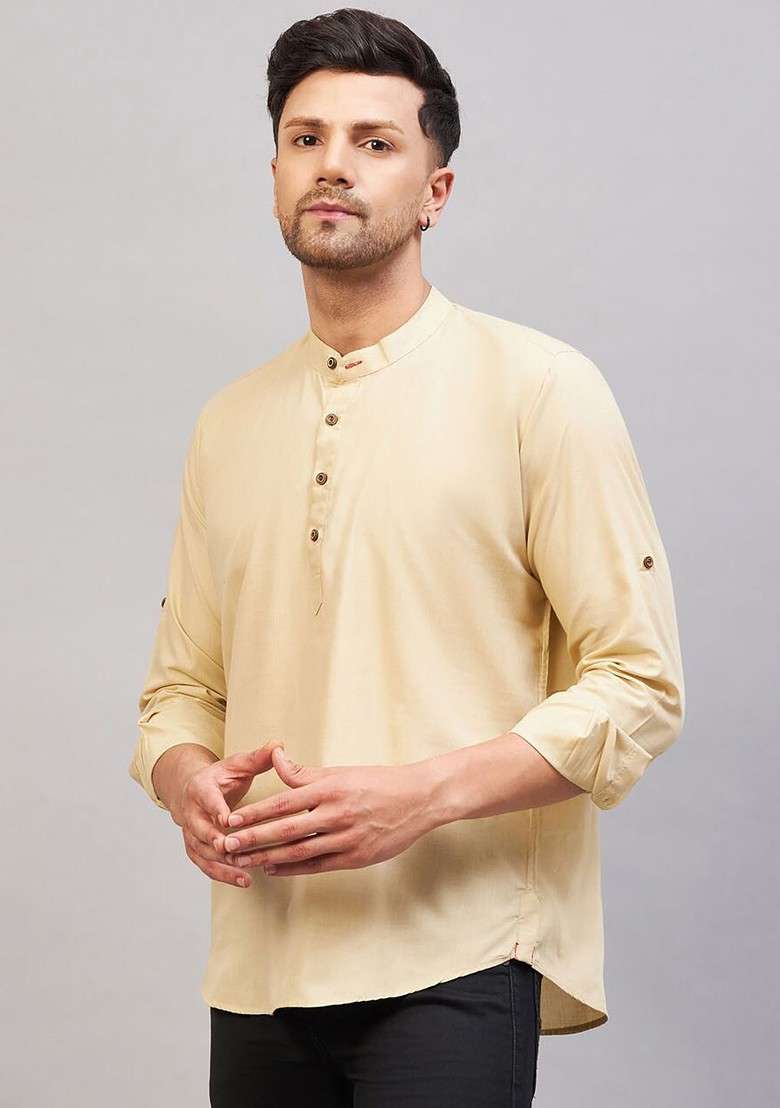 Cream Solid Cotton Kurta For Men - Indya