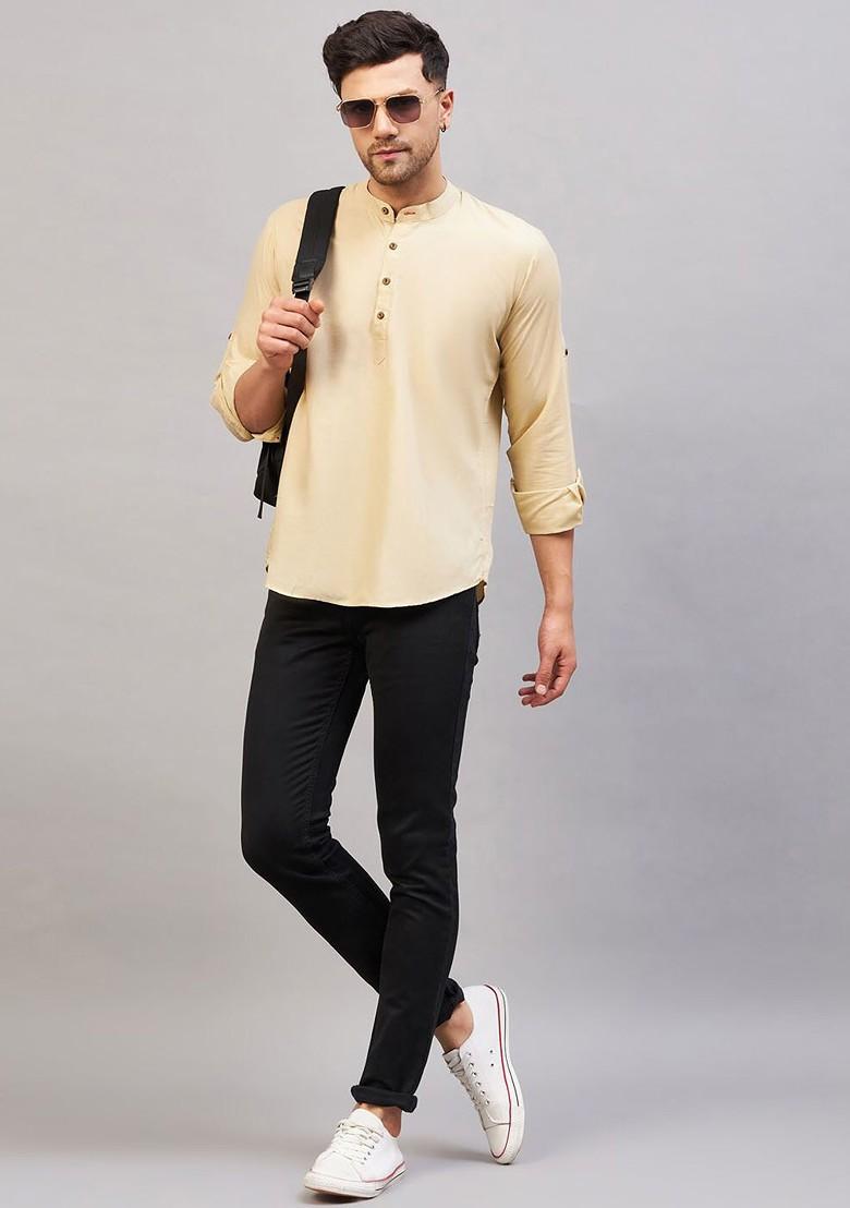 Cream Solid Cotton Kurta For Men