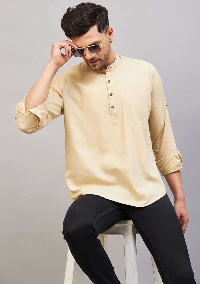 Cream Solid Cotton Kurta For Men - Indya