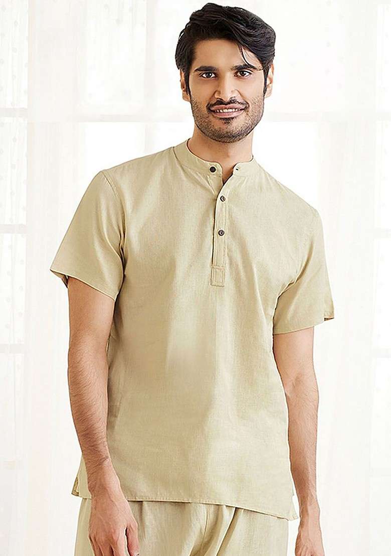 Beige Solid Cotton Kurta For Men - Indya
