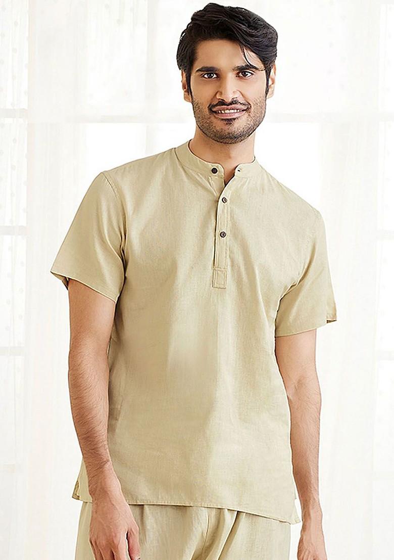 Beige Solid Cotton Kurta For Men