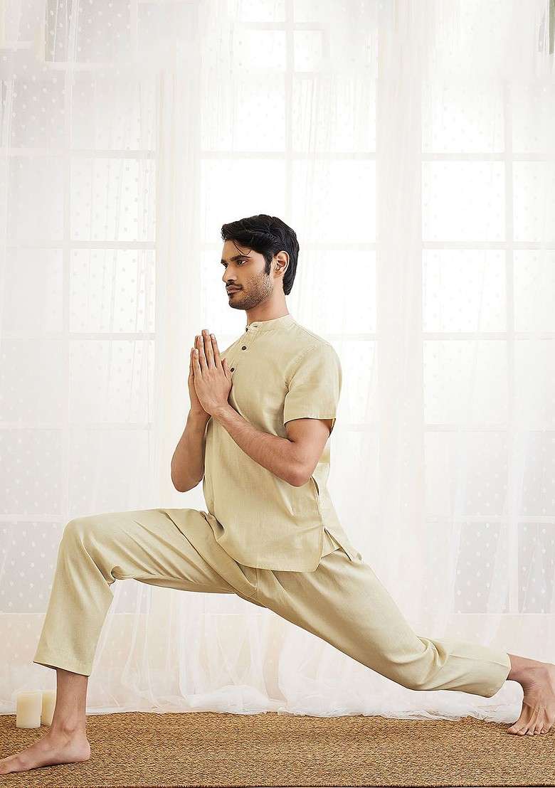 Beige Solid Cotton Kurta For Men - Indya