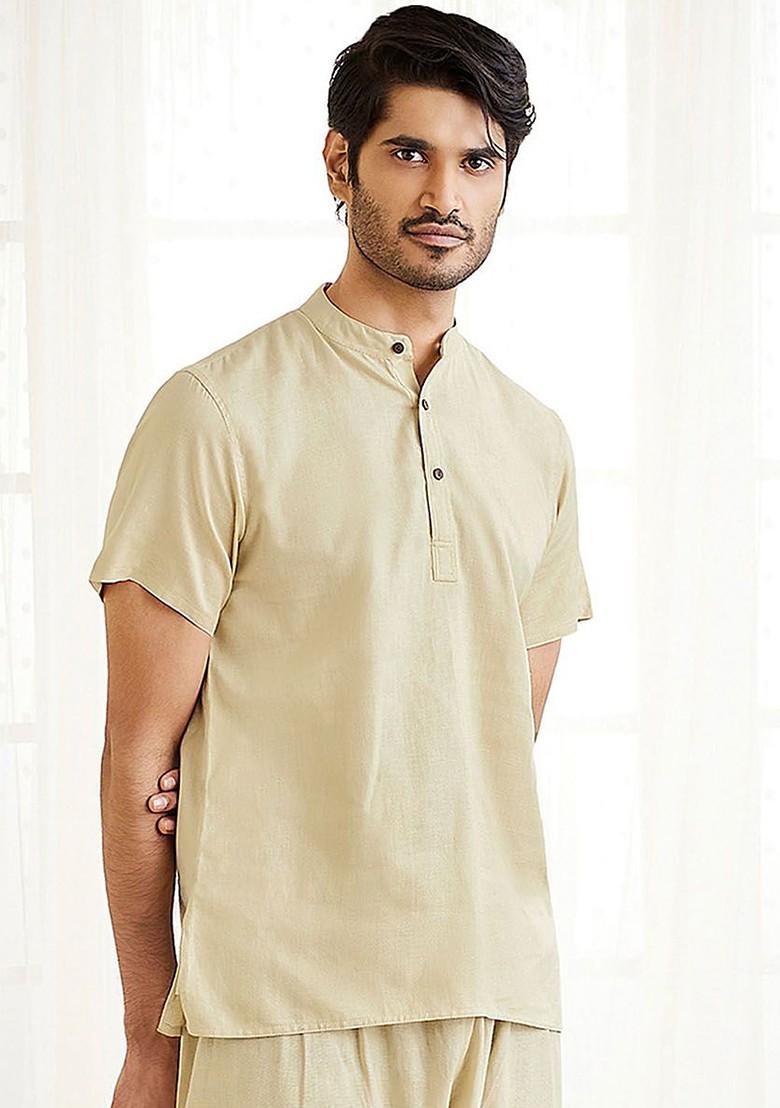 Beige Solid Cotton Kurta For Men