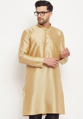 Rose Gold Solid Poly Blend Kurta For Men