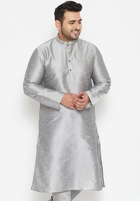 Grey Solid Poly Blend Kurta For Men