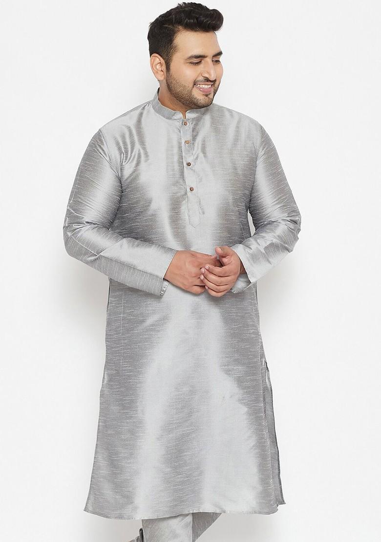 Grey Solid Poly Blend Kurta For Men