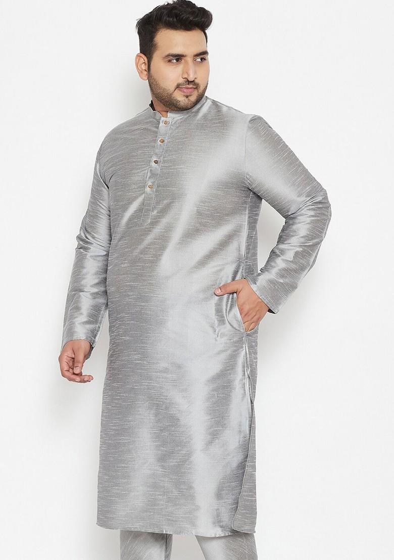 Grey Solid Poly Blend Kurta For Men