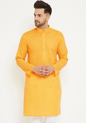 Yellow Solid Cotton Kurta For Men