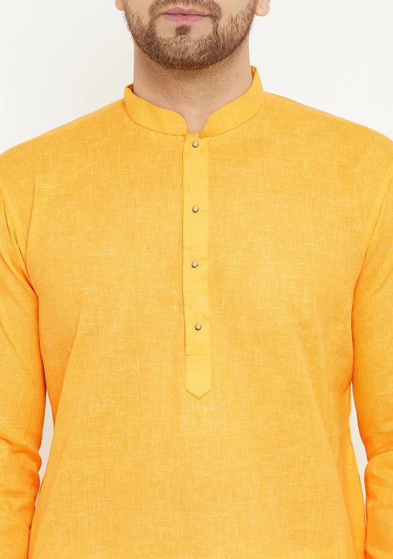 Yellow Solid Cotton Kurta For Men