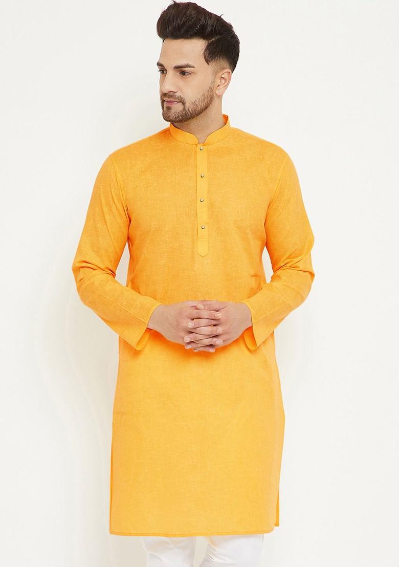 Yellow Solid Cotton Kurta For Men