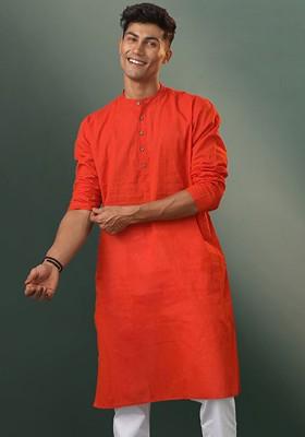 Red Solid Cotton Kurta For Men