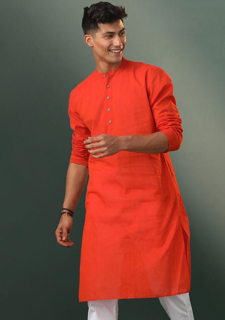 Red Solid Cotton Kurta For Men